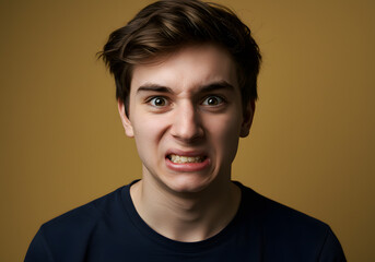 Obraz premium A young man displays a frustrated expression, grimacing with a tense face against a warm background, conveying strong emotions