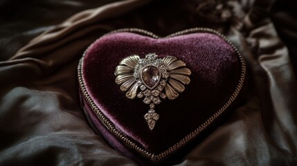 Obraz premium Sparkling jewelry placed inside a luxurious heart-shaped velvet case on soft fabric