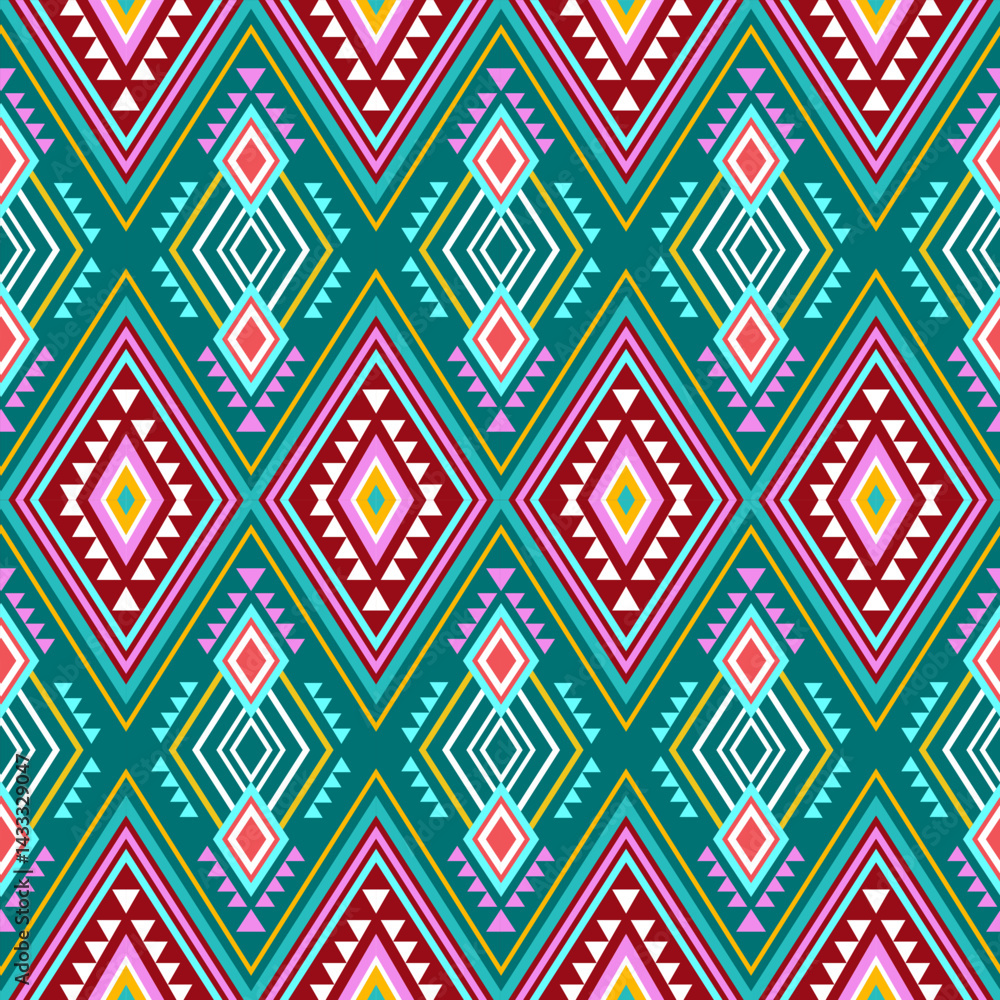 Aufkleber Colorful geometric diamond pattern repeats seamlessly with ethnic and tribal influences creating a vibrant and eye catching design element.