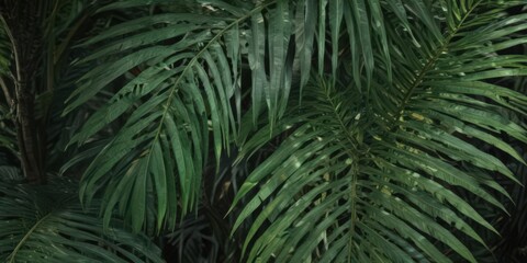 Fototapeta premium Deep emerald palm leaves, intricate vein detail, tropical humidity, green, photography, background