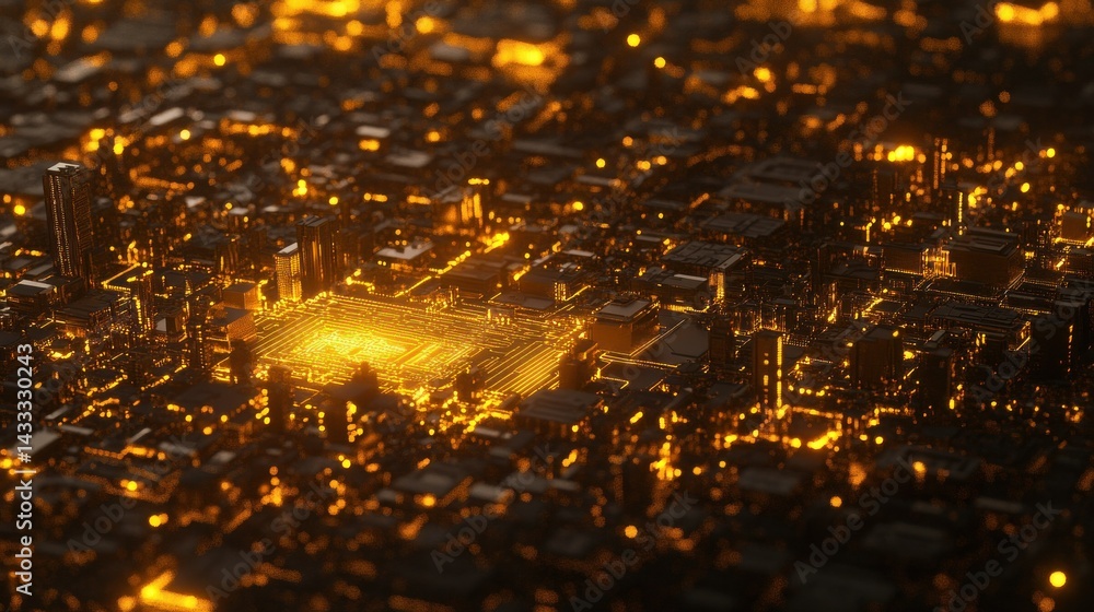 Poster a digital abstract rendering of a glowing cityscape illuminated in gold
