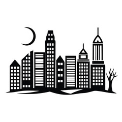 Fototapeta premium Black cityscape silhouette, white background, crescent moon, bare tree, modern buildings