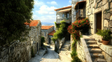 Fototapeta premium Hillside village street, stone houses, Mediterranean setting, sunny day, travel destination