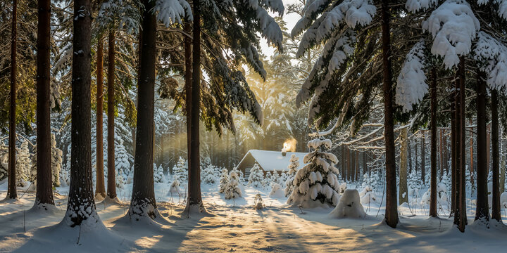 Majestic snow-laden evergreens soar skyward in golden winter light, trunks converging beneath radiant canopy glow, vivid contrasts of warmth and shadow in serene forest splendor - Powered by Adobe