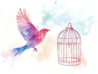 Colorful bird flying away from open cage watercolor
