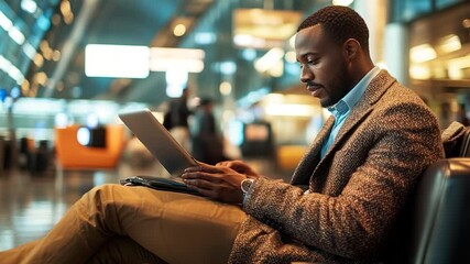 Businessman working on laptop in modern airport lounge with blurred travelers - Powered by Adobe