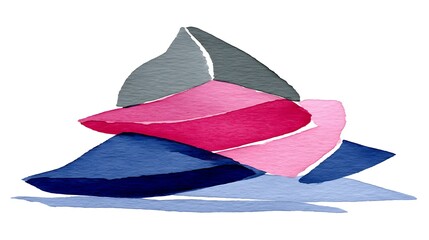 Abstract watercolor painting of stacked, geometric shapes in pink, blue, and gray
