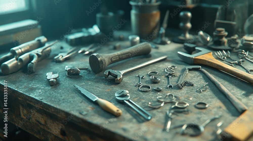 Poster various metallic tools and hardware arranged on a weathered workbench surface