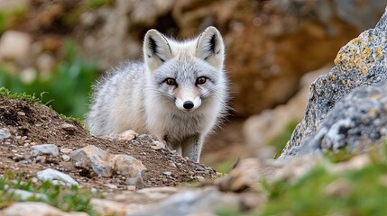 Portrait of an Arctic fox (Vulpes lagopus), showing its thick white winter coat and sharp eyes as it adapts to the cold tundra environment. 