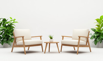 Modern chairs, wooden table, indoor plants, minimalist decor, cozy seating, bright space