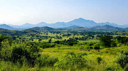 Obraz premium Panoramic View Of Lush Green Valley With Gentle Hills And Cattle