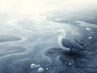 Seagull Standing on Misty Shoreline in Soft Light

