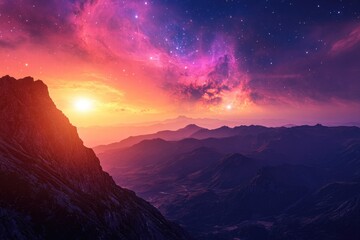 Majestic sunset over a mountain range, vibrant colors of pink, orange, and purple fill the sky, stars twinkle brightly.