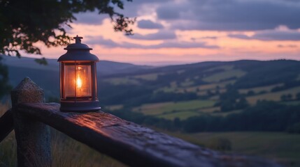 A Warm Lantern Shines at Dusk Over Rolling Hills and Fields