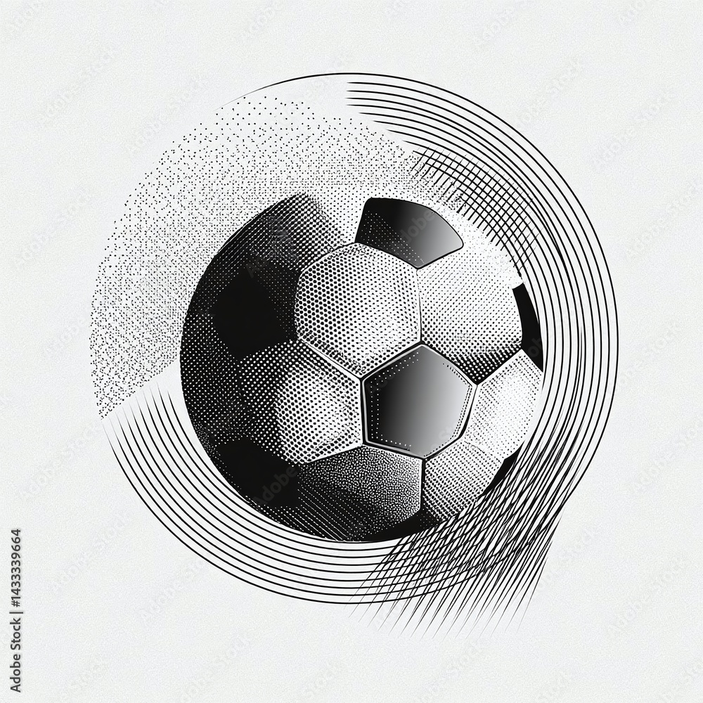 Poster black and white illustration of a soccer ball in motion with abstract lines and patterns