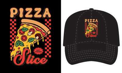 Retro Pizza Slice Illustration on Baseball Black Cap, Hot and Fresh Design