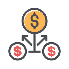 Fototapeta premium Money distribution icon; funds being split into multiple sources