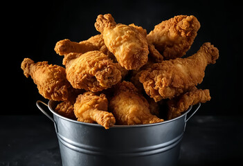 Crispy Fried Chicken Pieces with Bucket on Dark Surface