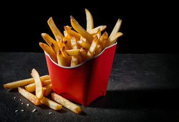 Crispy French Fries Overflowing from Red Container on Dark Stone