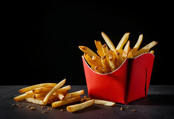 French Fries in Red Box with Lid on Dark Surface