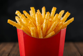 Golden French Fries Spilling from Red Container on Dark Surface