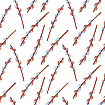 Easter pussy willow wreath seamless pattern. Easter spring twigs blossom pussy willow tree. Vector spring illustration in cartoon on a white background.