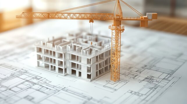 Architectural model sits atop blueprint, alongside crane, representing planning for a new development project.