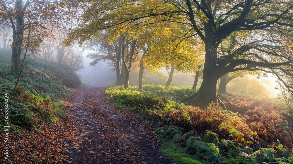 Poster an autumn path winds through a misty forest landscape with trees