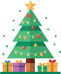 Decorated Christmas Tree with Colorful Gift Boxes Flat Festive Holiday Vector Illustration	