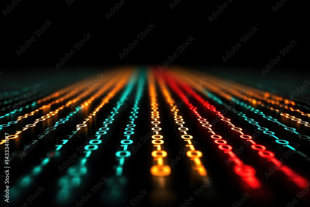 Poster abstract background of binary code digits glowing in vibrant colors on a dark surface, representing 