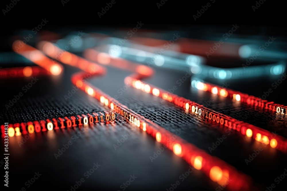 Poster glowing binary code streams, depicted in red and blue, flowing across a digital surface, symbolizing