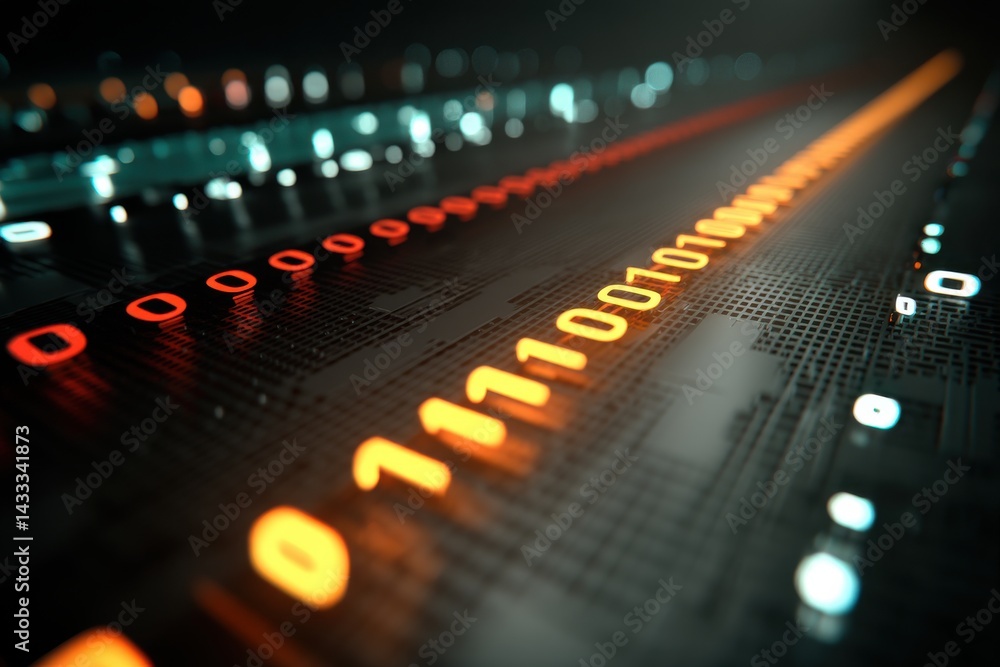 Poster abstract digital background with glowing binary code, depicting technology innovation and data strea