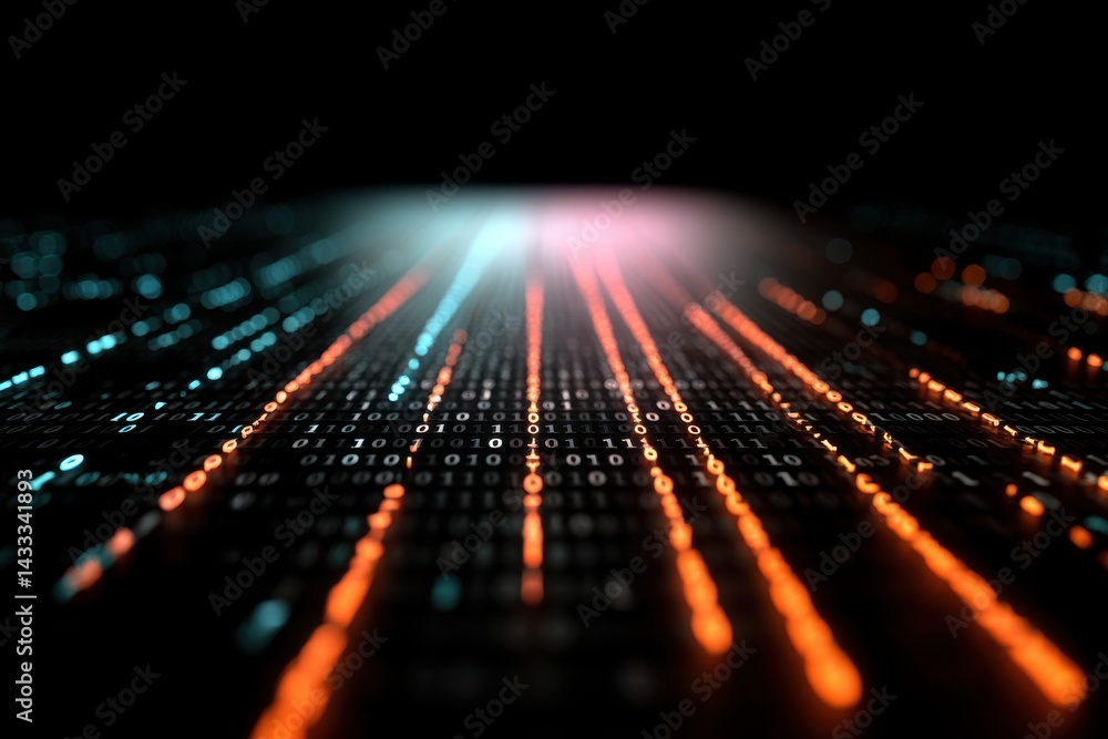 Poster abstract data stream visualisation, zero and one numeric symbols illuminated in blue and orange, dig