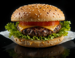 Juicy Cheeseburger with Fresh Toppings on Black