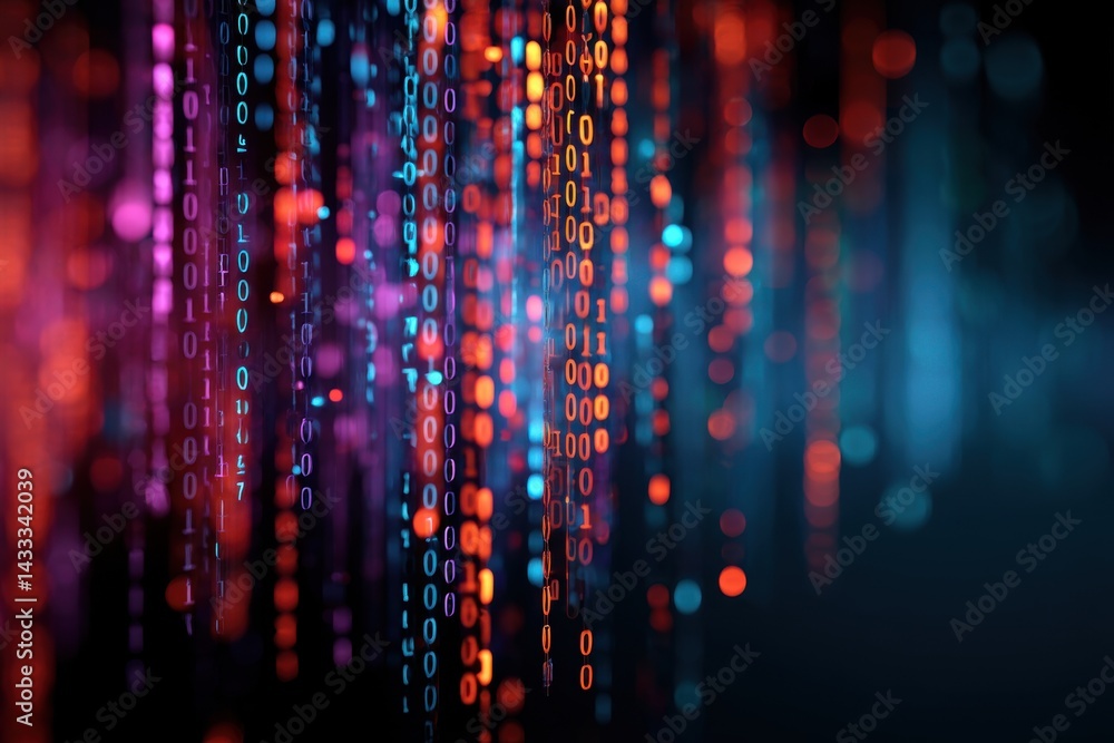 Poster abstract digital background depicting falling binary code streams in vibrant colors, symbolizing dat