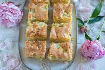 Home made Sweet Rhubarb cake with fresh rhubarb