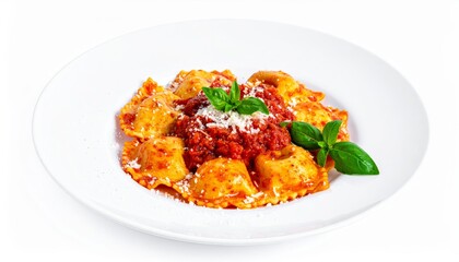 Naklejka premium Delicious Ravioli Pasta Dish with Tomato Sauce Parmesan Cheese and Basil
