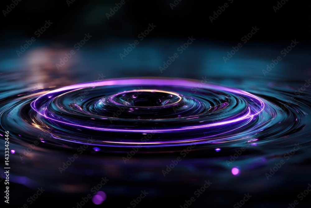 Poster a mesmerizing close-up of water ripples with vibrant neon lights reflecting, creating a stunning and