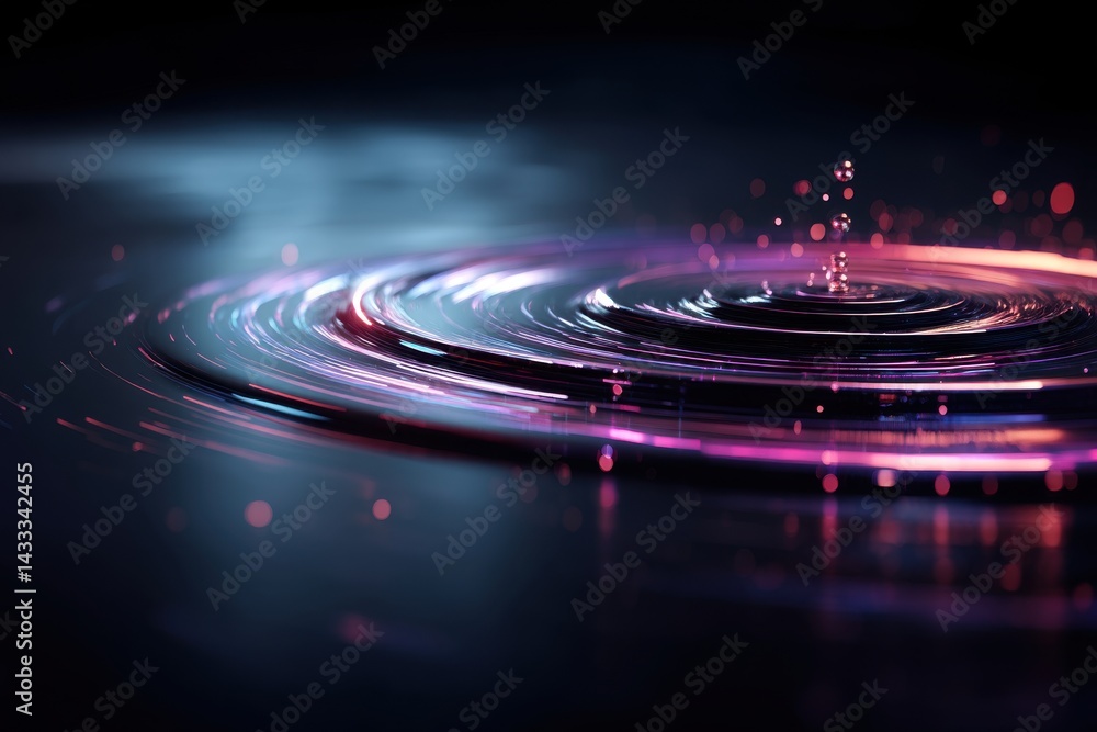 Poster abstract ripple effect of liquid with pink and blue glowing particles creating a sense of depth and 