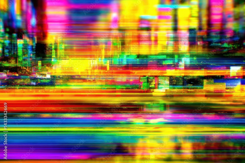 Poster an abstract expression of colorful digital distortion, with vibrant lines and shapes creating a chao