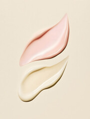 Cosmetic swatches of cream texture on a pastel beige Background