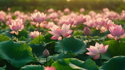 Blooming lotus flowers, pink petals unfold, serene garden scene, vibrant greens and soft light abound.