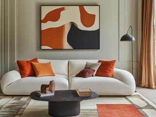 A stylish living room displays modern furniture and artwork pieces