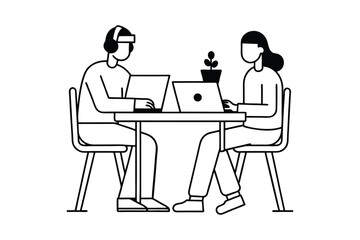 Two persons working together line art vector