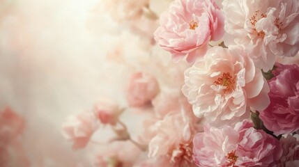 Pink roses bloom elegantly with pale petals, soft lighting highlighting botanical beauty, romantic, delicate.