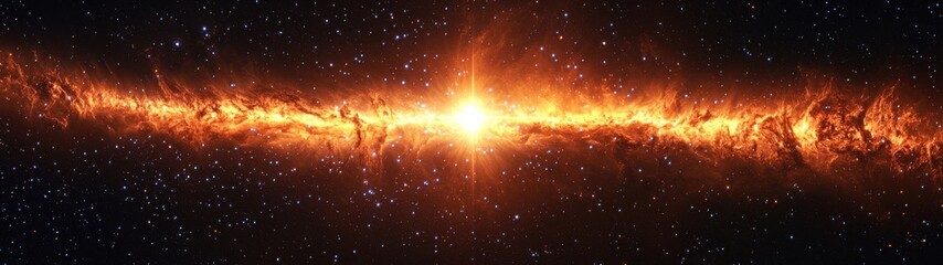 Fototapeta premium A bright, fiery orange nebula radiates light across the expanse of space, surrounded by stars.