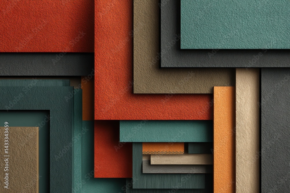 Poster abstract composition of overlapping textured rectangles in various earthy tones, creating a modern g