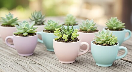 Fototapeta premium Miniature Succulents in Pastel Teacups on Rustic Wooden Surface