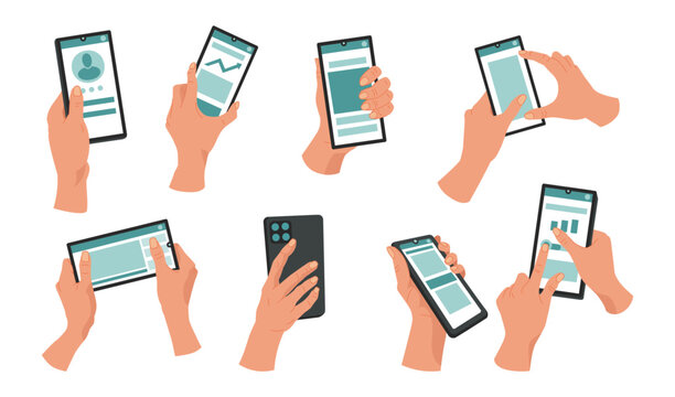 Phone hold hand. Use smart smartphone. Finger press on screen. Swipe arm on tablet. Icon of palm holding mobile. Action app. Tap gesture at gadget display. Call and message. Vector tidy cartoon set