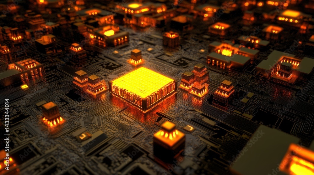 Poster illuminated computer circuitry showcasing electronic processing and technology